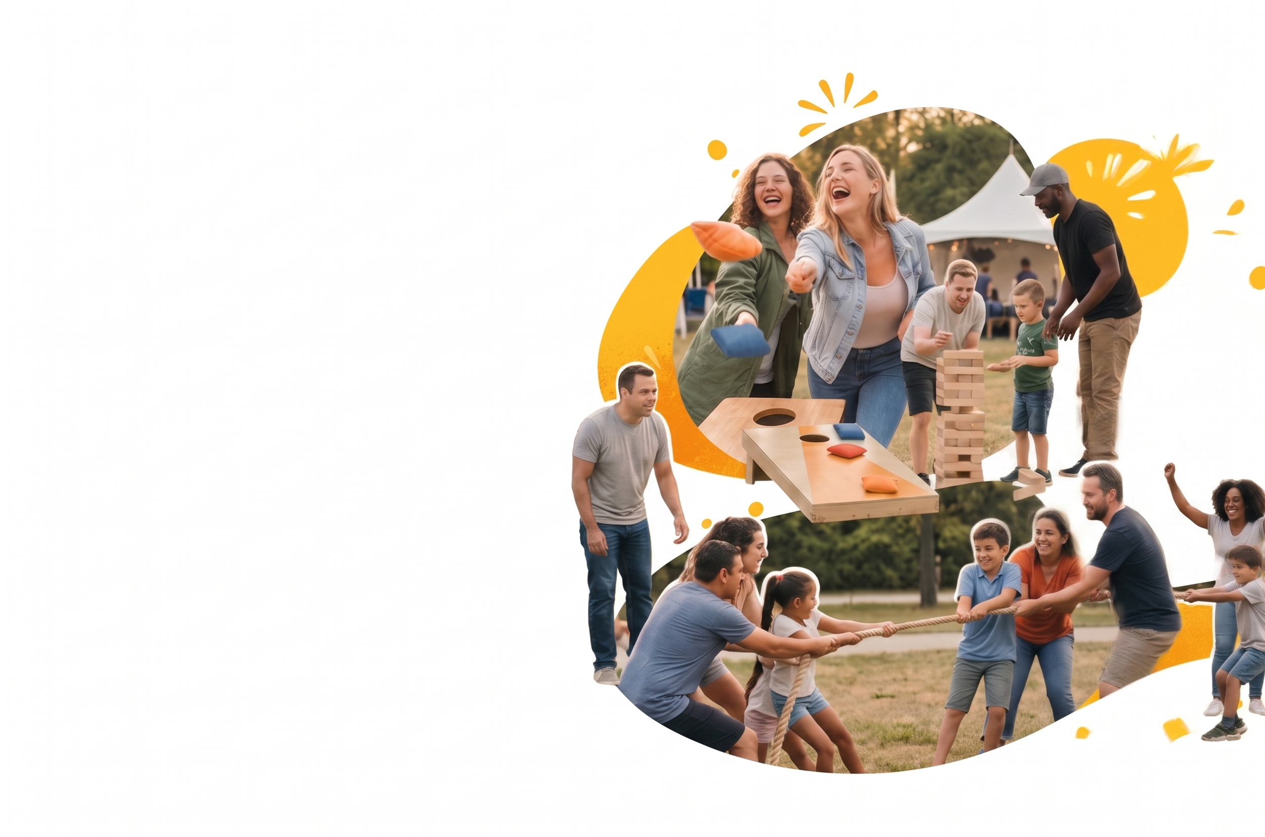 people playing different games like cornhole, tug-of-war, and giant Jenga
