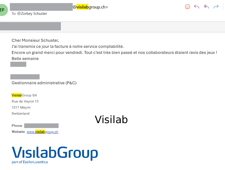 Screenshot of an email in French with a signature from Visilab Group SA, including contact information and a website link. The email mentions the sending of an invoice and includes the Visilab logo in black text.