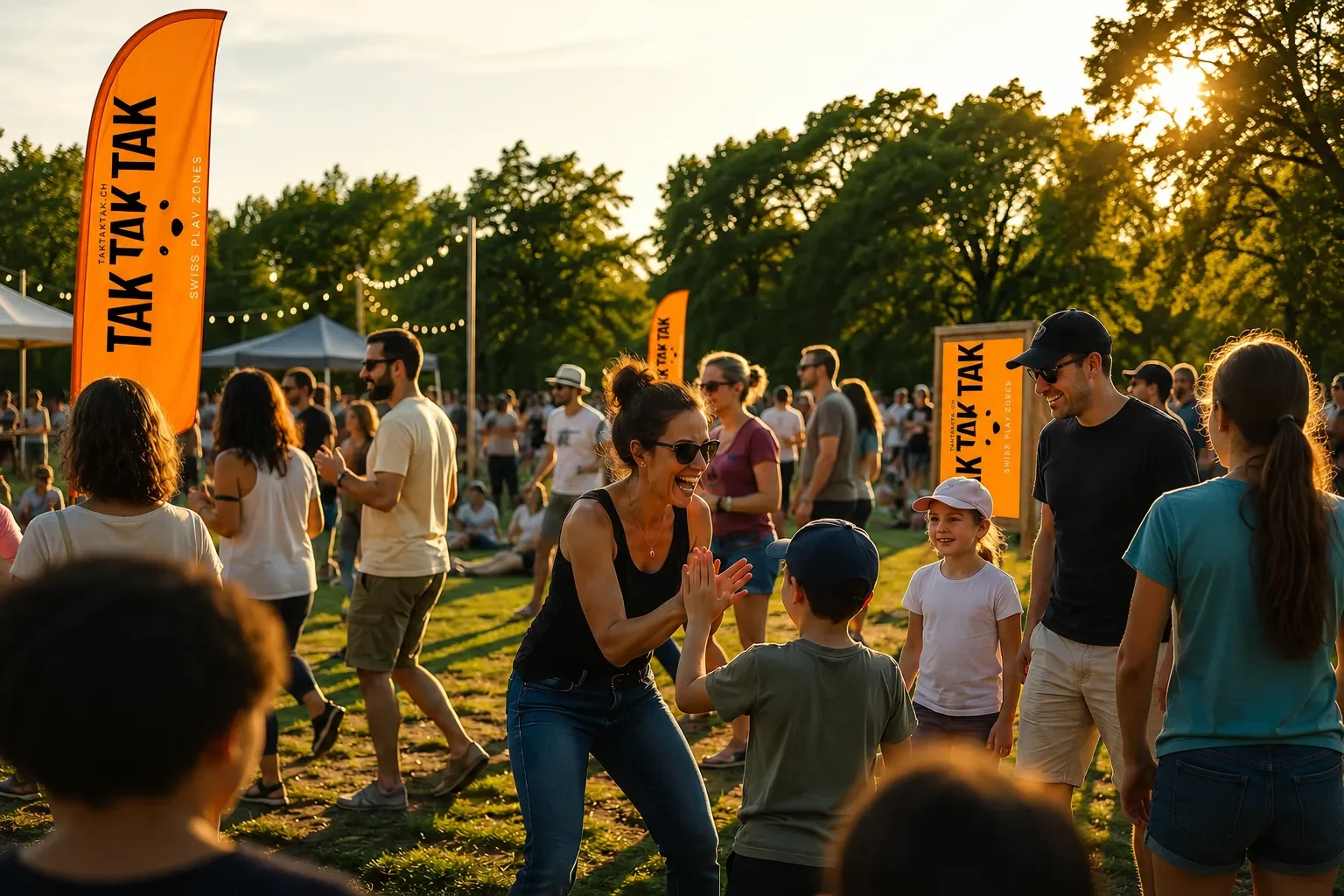 People enjoying an outdoor event at sunset, dancing and socializing on a grassy field with orange flags and string lights and flags that read TAK TAK TAK