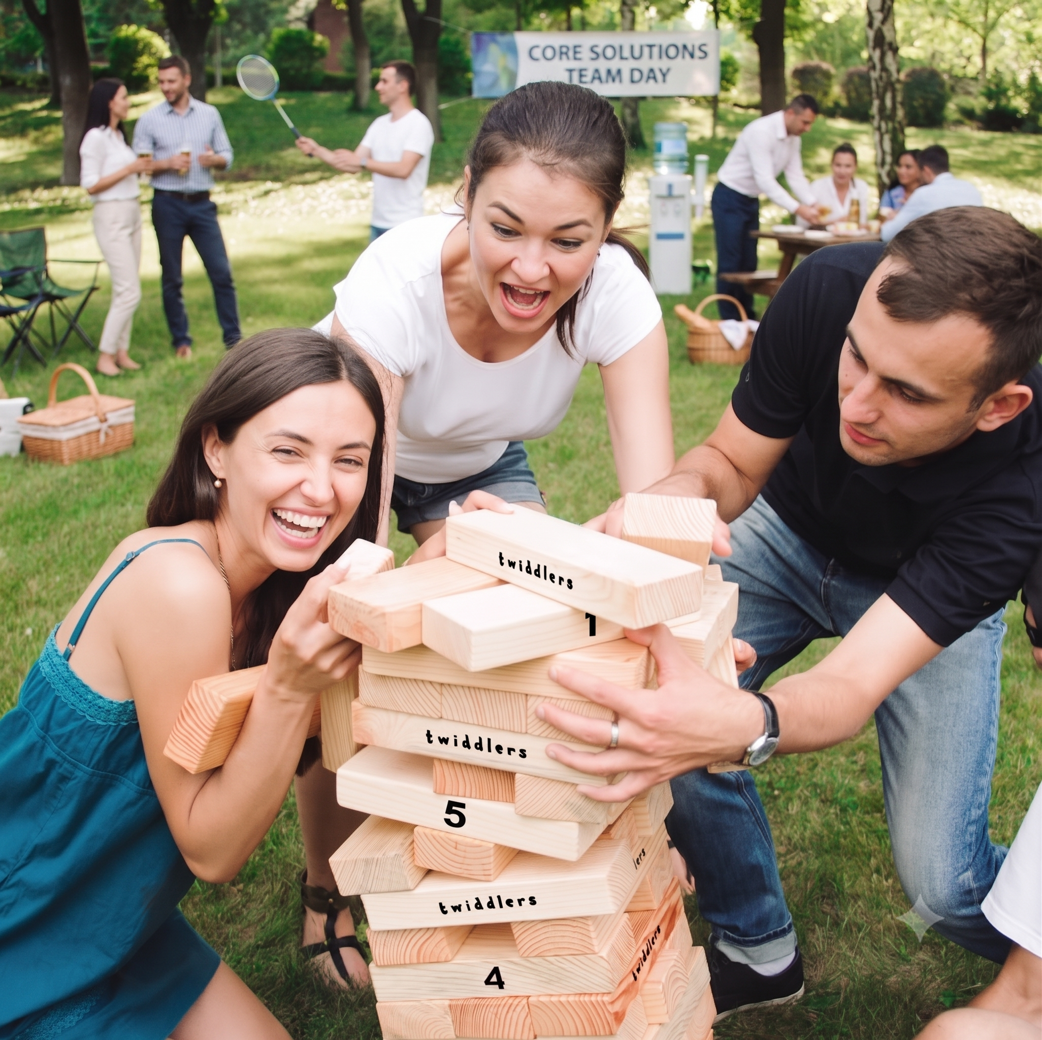 A group of people playing a giant game of Jenga outdoors on a grassy area with trees. In the background, a banner reads "Core Solutions Team Day." Several adults are relaxing, chatting, and enjoying drinks, while others are playing the game.