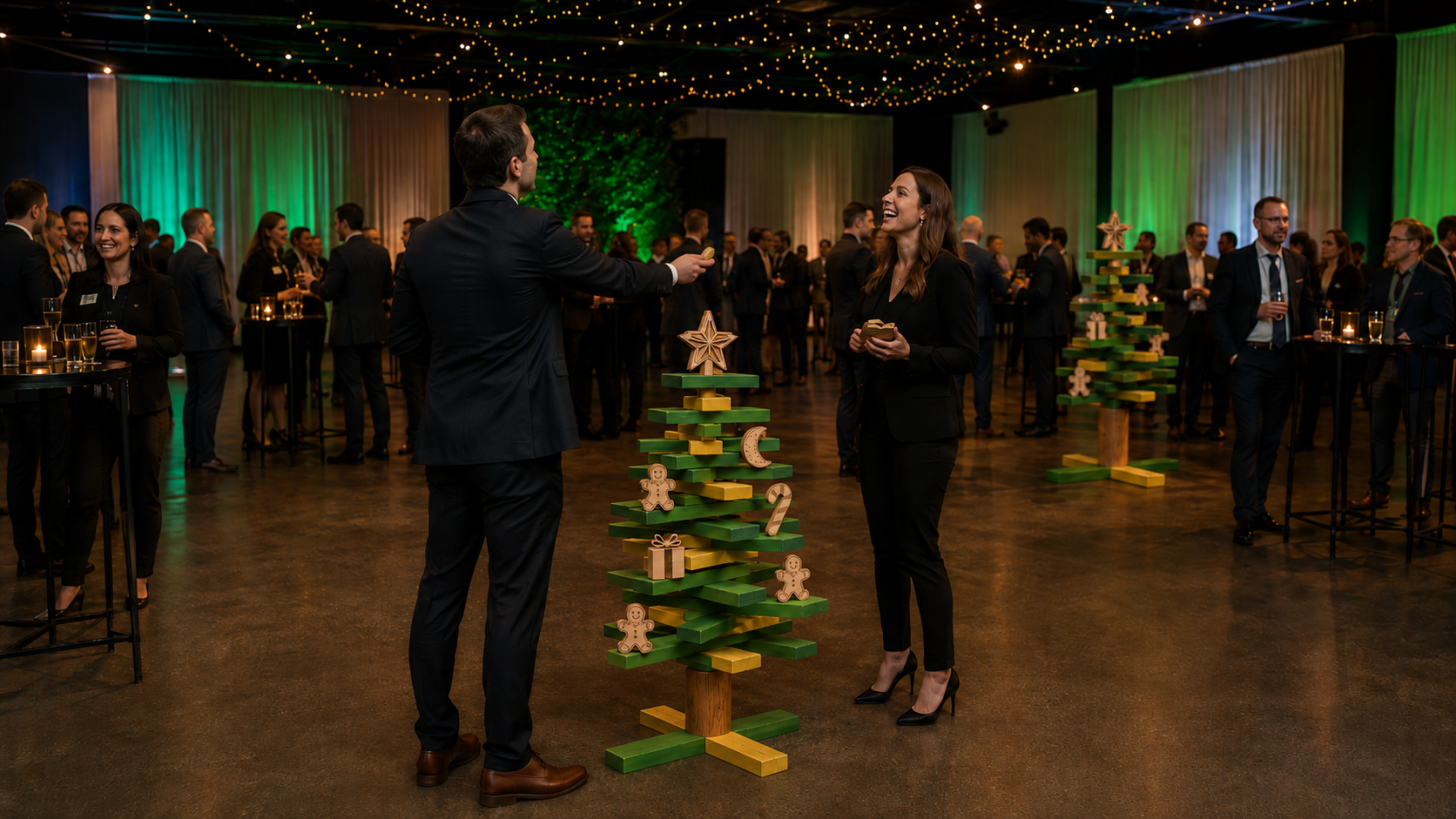People dressed in formal attire socializing at a holiday party with decorated Christmas trees and string lights overhead.