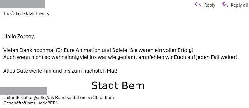 Screenshot of an email in German from the City of Bern, thanking Zorbey for the animations and games, with a professional signature at the bottom.