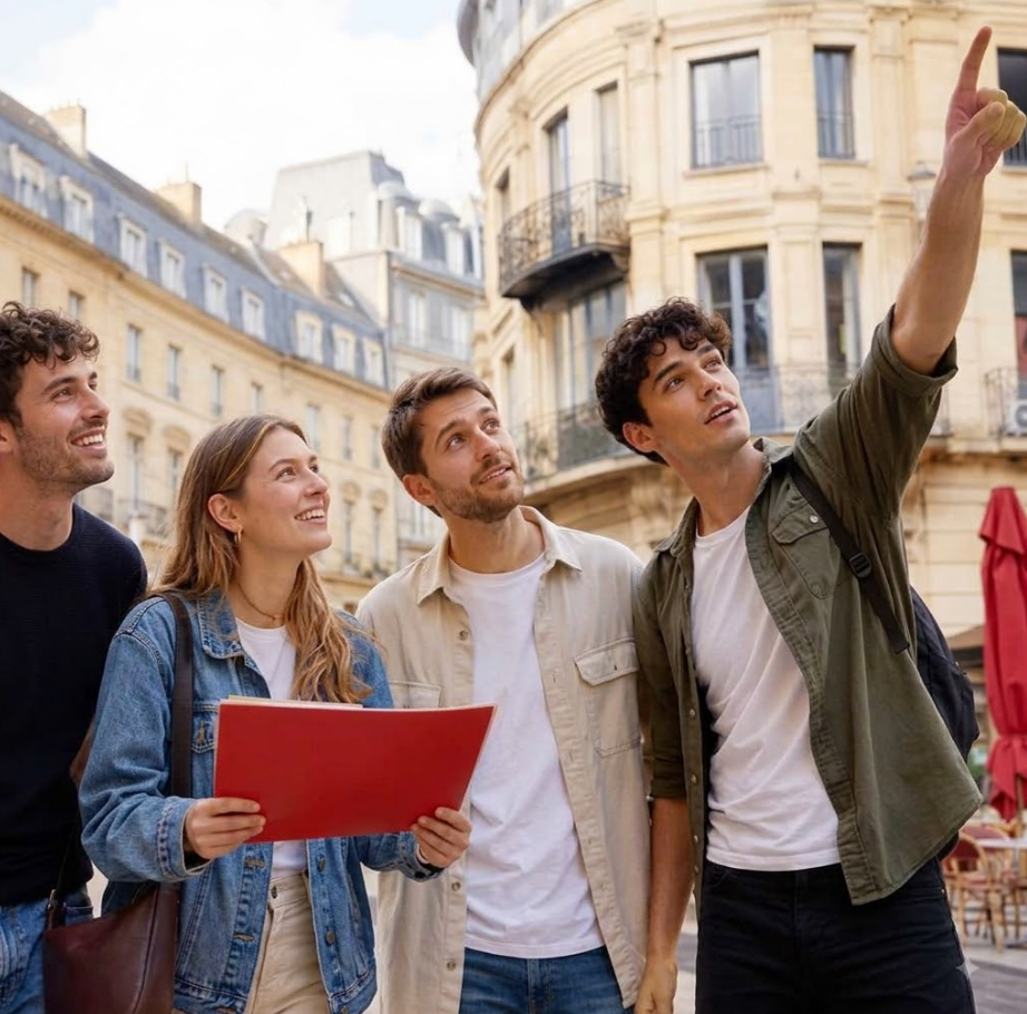 Petit groupe participant à un rallye urbain en équipe