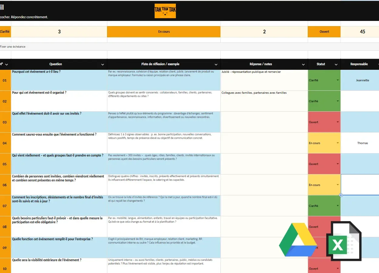 04 — Tableau de suivi Excel ou en ligne |

Pour suivre l’avancement en équipe, en direct.
