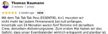 Screenshot of a Google review by Thomas Baumann praising a product for its effectiveness, mentioning it was essential for their company and that they could plan and act confidently after using it.