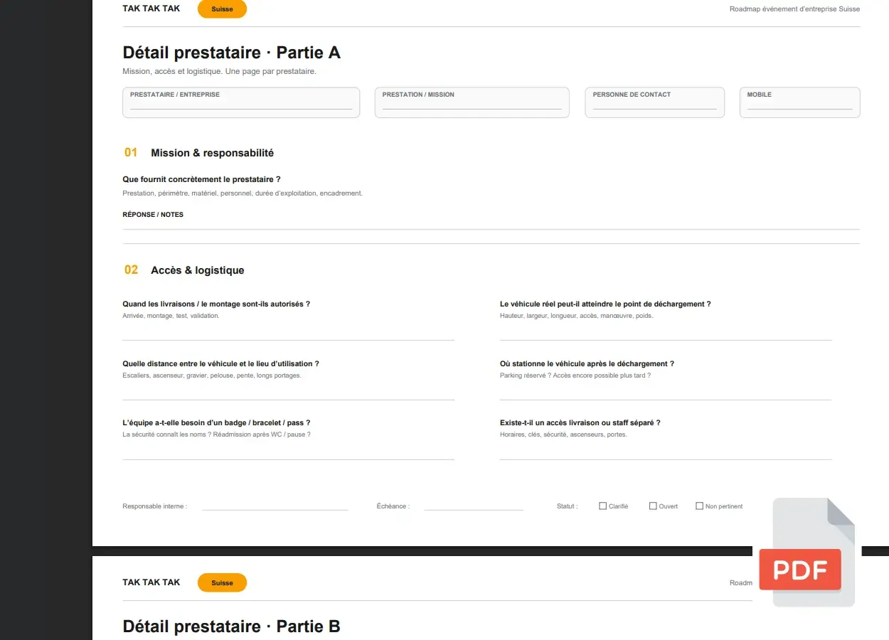 05 — Check prestataires |

Pour cadrer chaque prestataire.
Accès, horaires, logistique, besoins, responsabilités.
PDF
