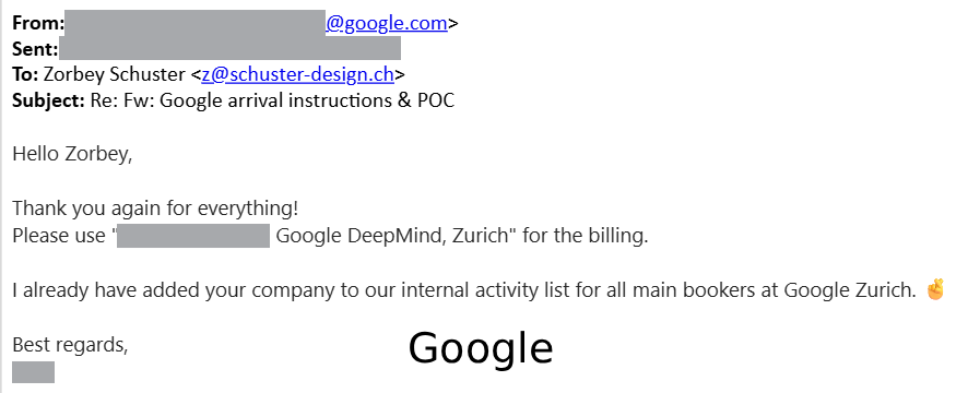 Email screenshot showing correspondence from Google to Zorbey Schuster regarding billing and an internal activity report for Google Zurich.