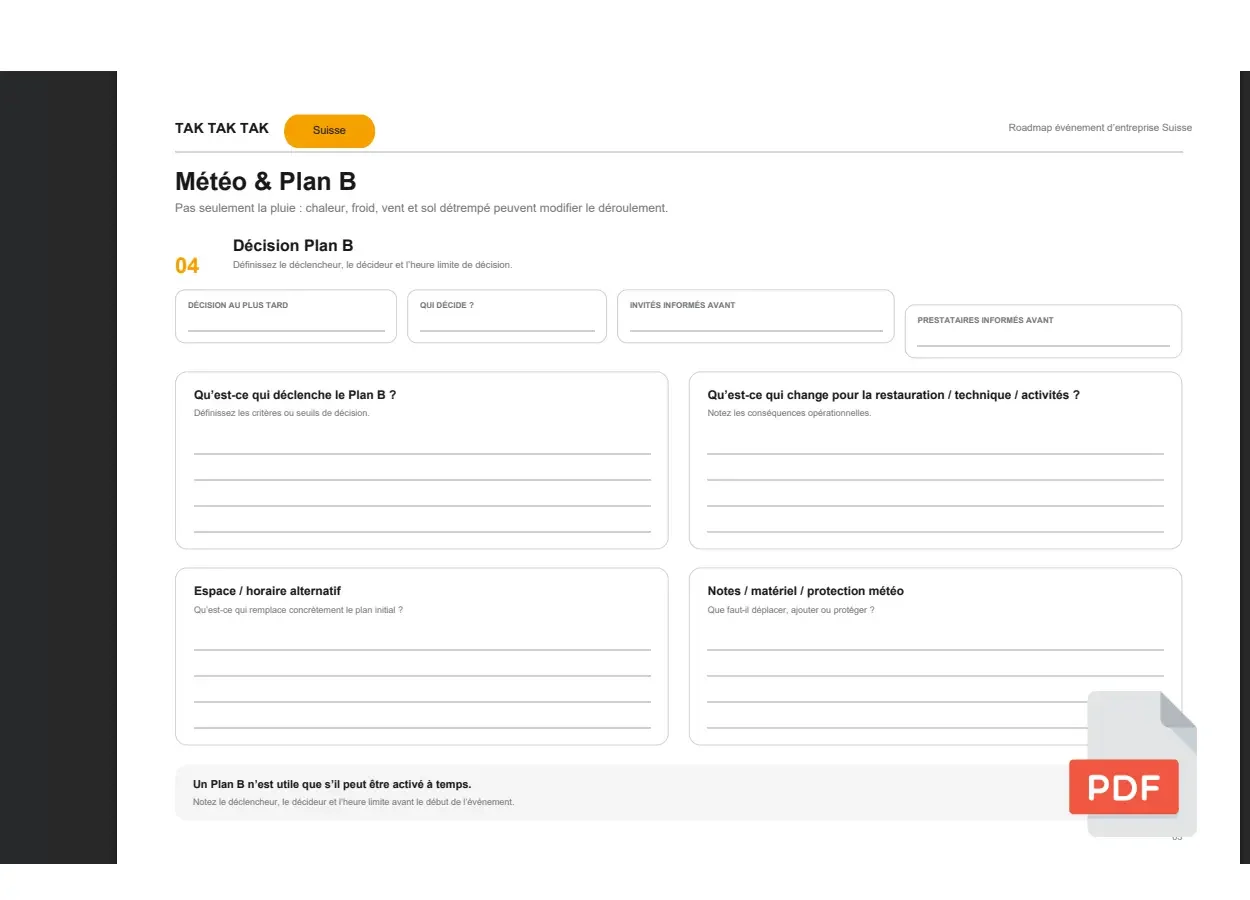 06 — Fiche jour J |

Le document pour piloter le jour de l’événement.
Contacts, timing, changements, décisions, Plan B.
PDF