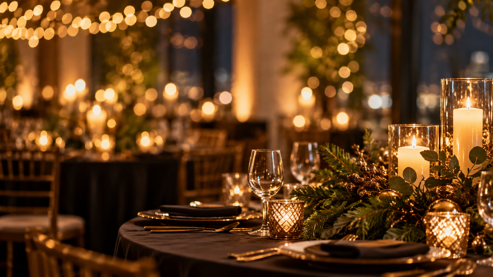 Elegant table setting with candles, wine glasses, and holiday greenery in a dimly lit venue with warm lighting and bokeh background.