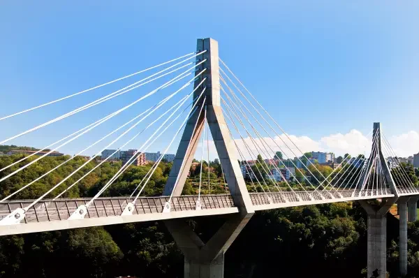 A modern cable-stayed bridge in Fribourg with a tall central tower and white cables spanning across a river, with city buildings and green trees in the background under a clear blue sky.