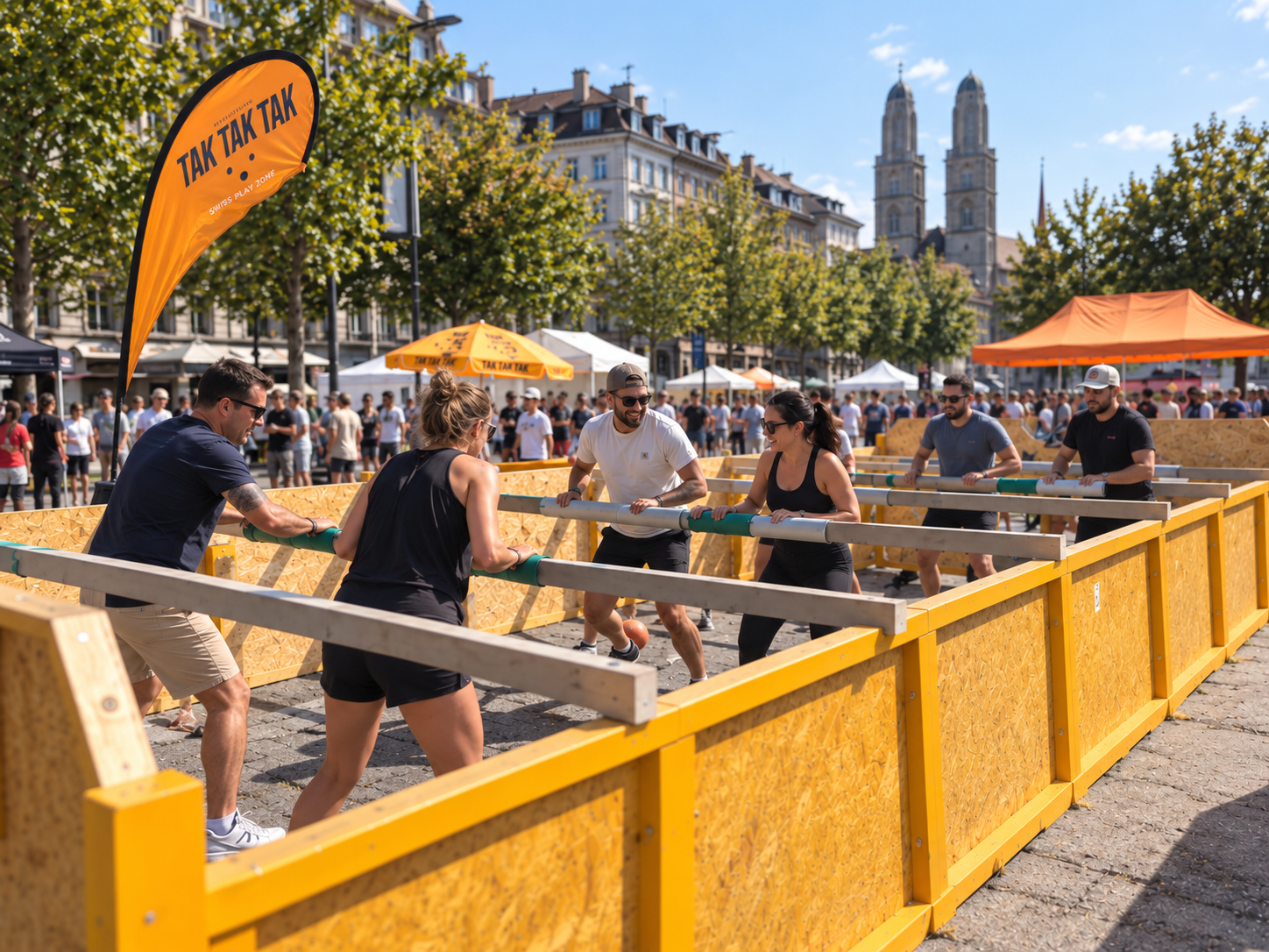 Group of people playing a game of outdoor foosball surrounded by yellow barriers at a public square on a sunny day, with trees, tents, and a historic building in the background.