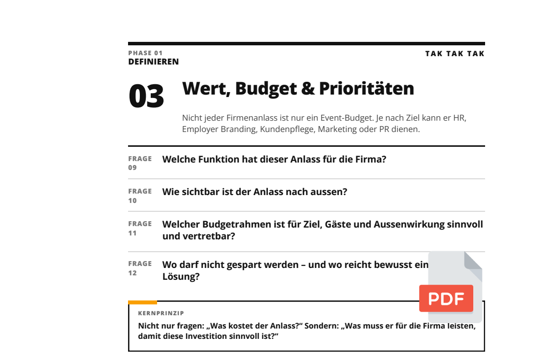 02 — Praxis-Guide – 50 Fragen |
Die wichtigen Fragen vor dem Eventtag.
Damit Sie Punkt für Punkt klären können, was noch offen ist.