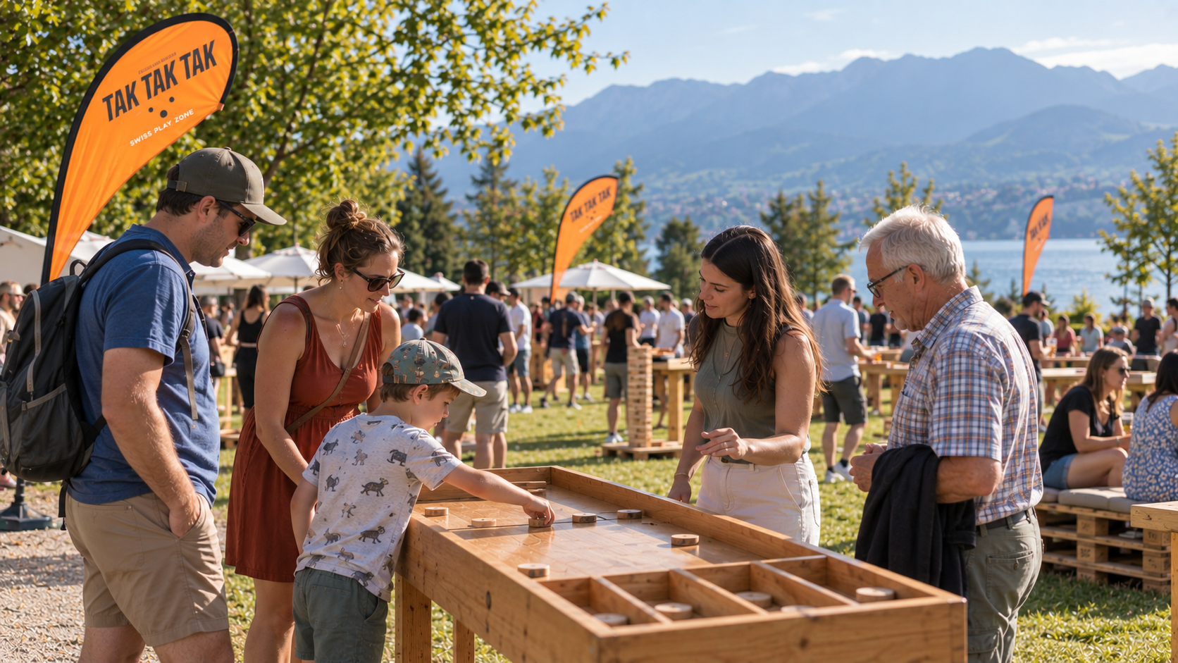 A group of people playing a tabletop game outdoors at a festival with banners that say 'TAK TAK TAK', surrounded by trees, mountains, and a lake in the background.