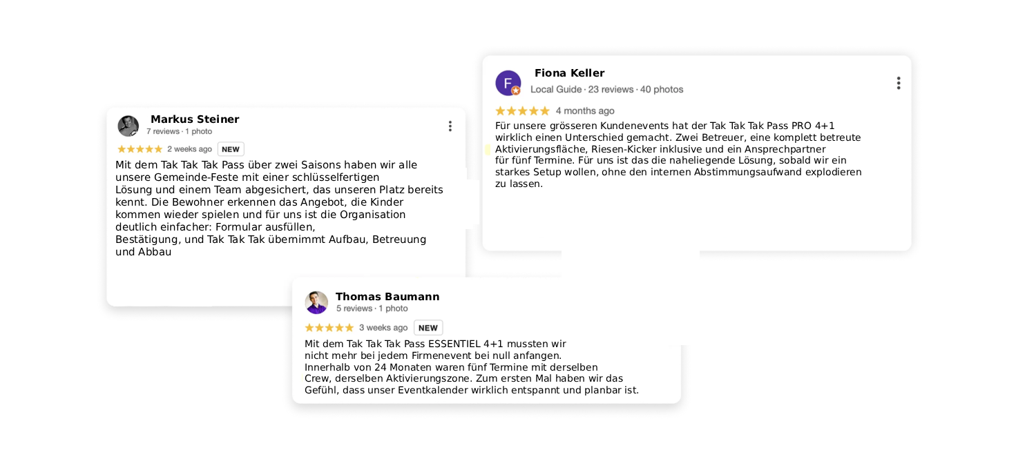 Screenshot of three customer reviews in German for Tak Tak Tak Pass, featuring profile photos and star ratings.