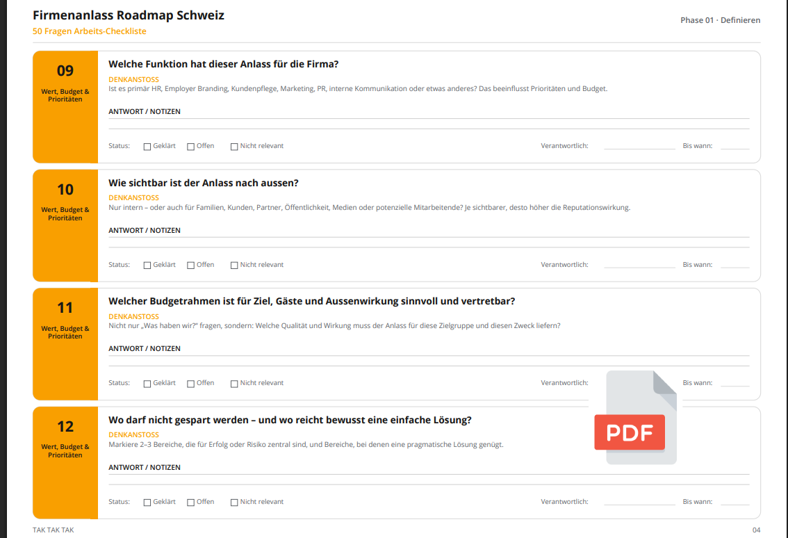 03 — Arbeits-Checkliste |
Das Dokument zum Ausfüllen während der Planung.
Für Antworten, Verantwortliche und Fristen.