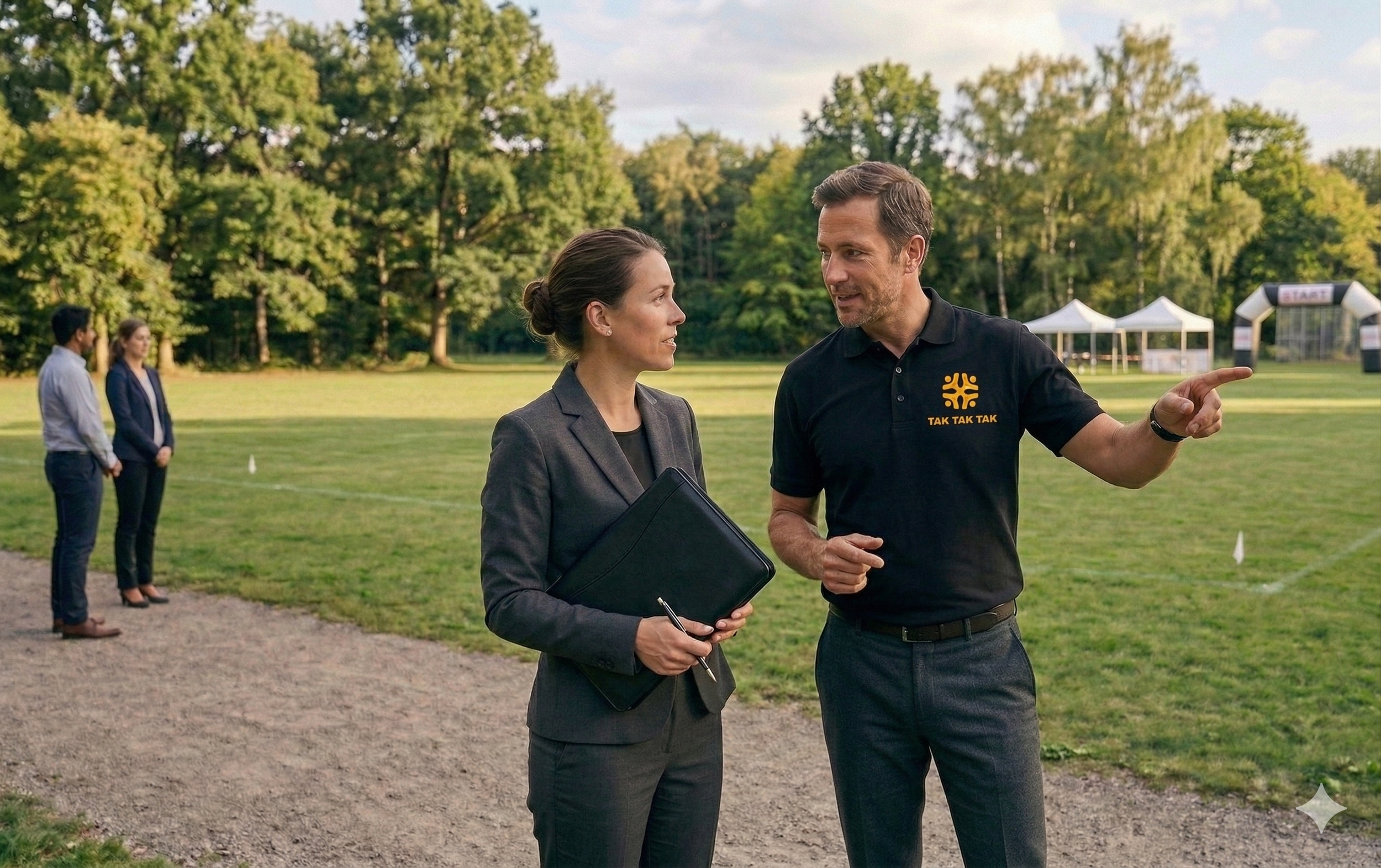 Membre d'équipe de Tak Tak Tak consulte avec coordinateur événementielle avant installation