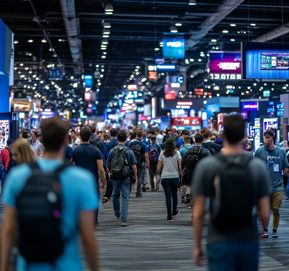 Crowd of people walking through a busy convention center with many colorful signs and screens overhead.