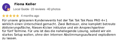 Screenshot of a Google review by Fiona Keller for Tak Tak Pass Pro 4+1, praising its features and easy setup.