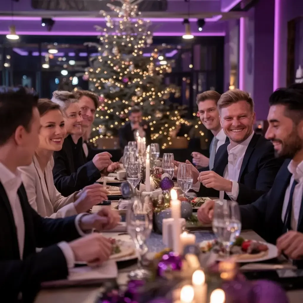 Participants réunis autour d’une table décorée pour une fête de Noël