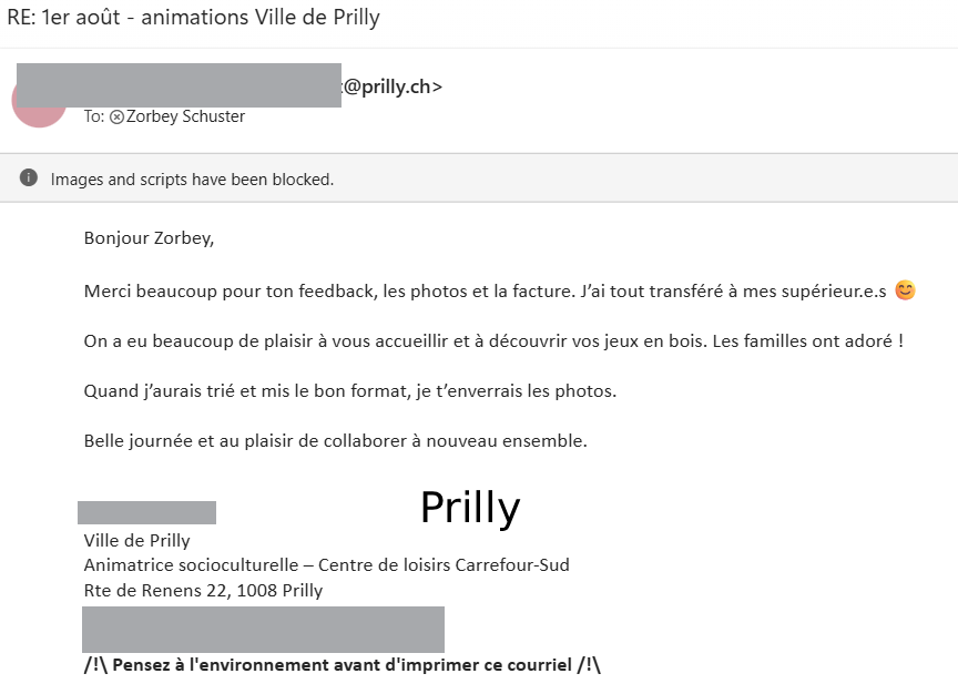 Screenshot of an email written in French discussing feedback, photos, and invoices, including contact information and a message about visiting the city of Prilly.