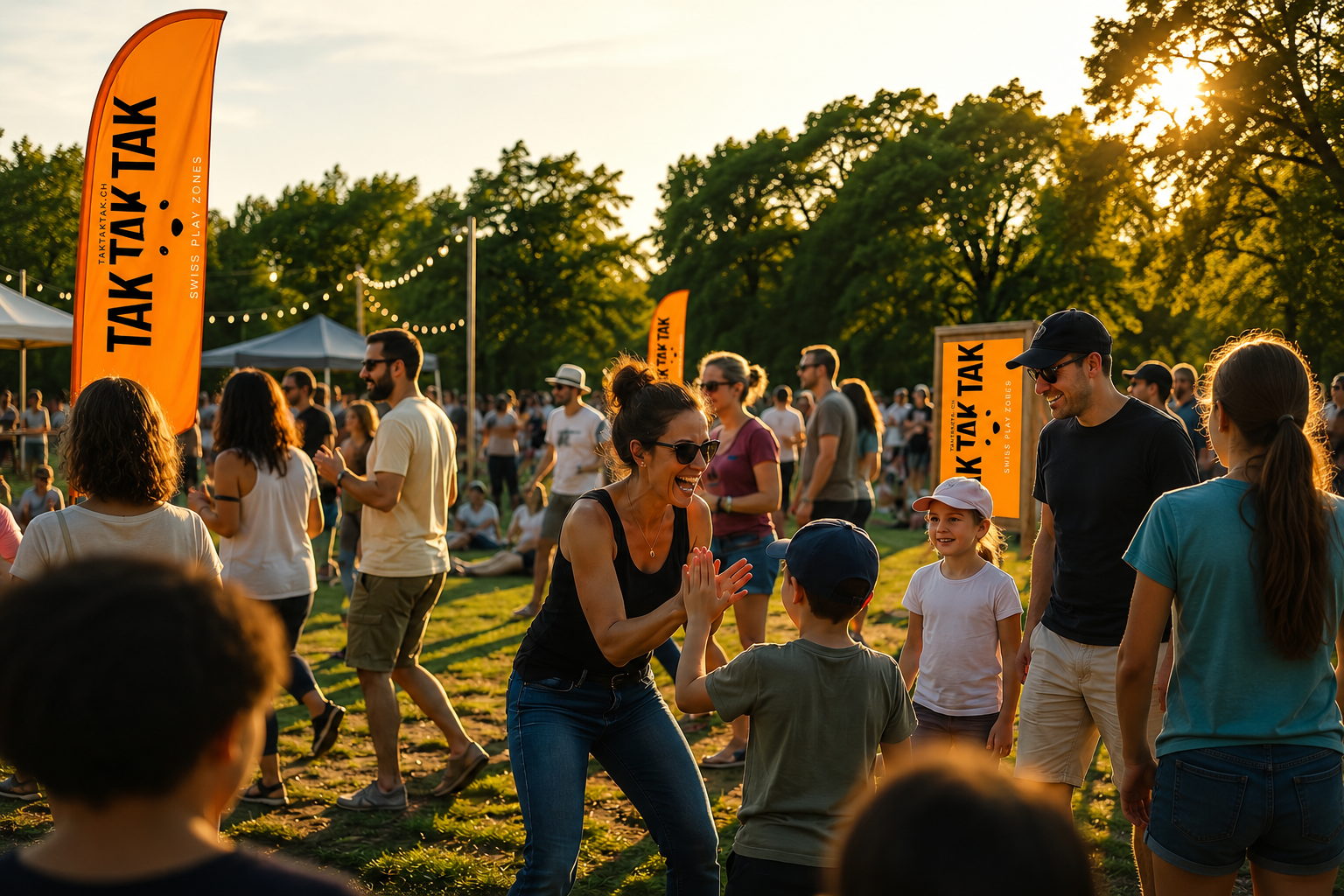 People enjoying an outdoor event at sunset, with children and adults dancing and socializing on the grass, and orange flags with black text in the background.