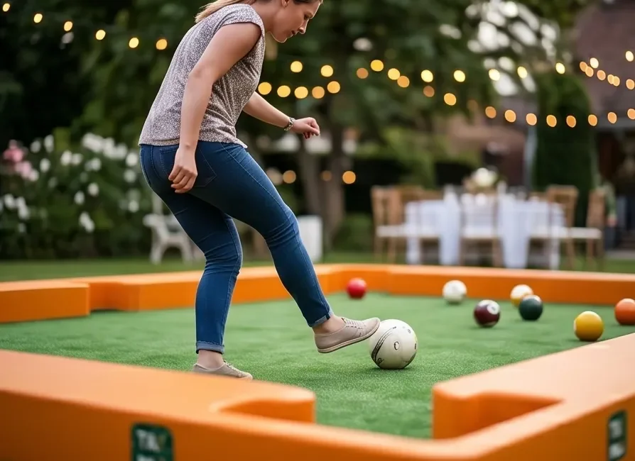 A woman playing a game of outdoor pool or billiards on a small green table with balls and a cue ball, set in a backyard with string lights and outdoor furniture.
