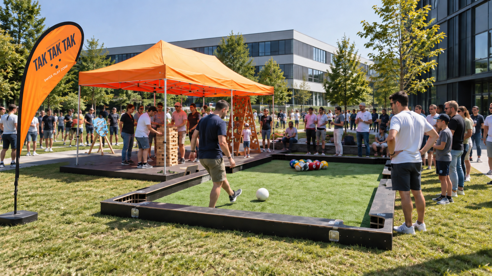 People playing outdoor shuffleboard game on artificial grass with a crowd watching during a community event or festival on a sunny day.
