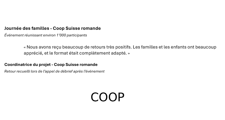 Text document in French discussing a family event organized by Coop Suisse romande, with a quote about positive feedback and appreciation from families and children, and mentioning the project coordinator.