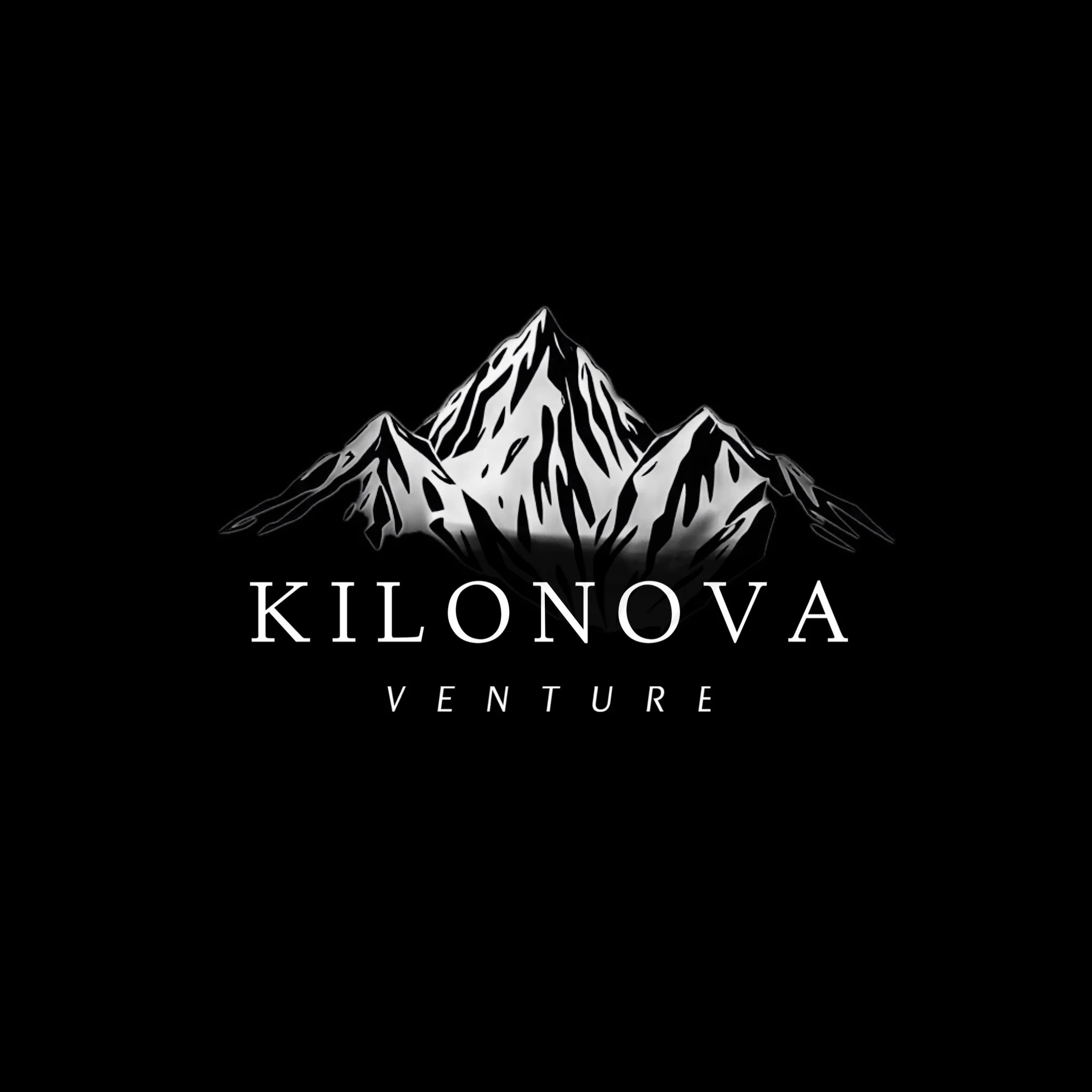 Logo with a black background featuring a stylized white mountain range and the text "KILONOVA VENTURE"