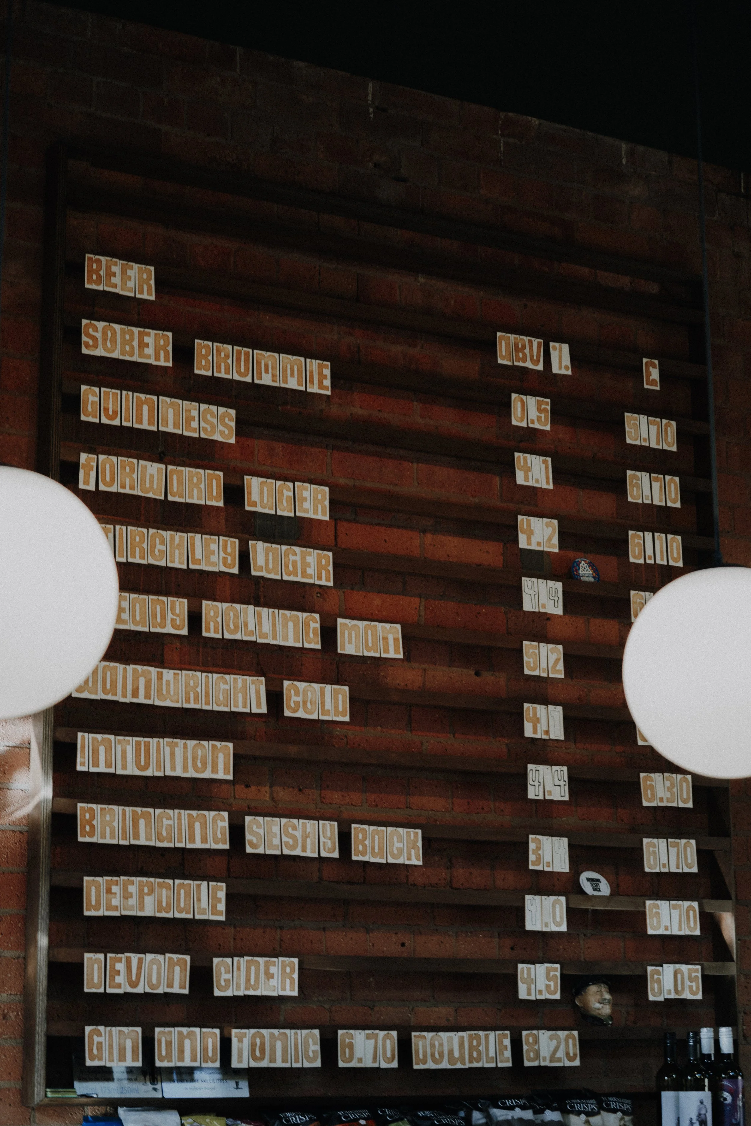 A beer menu on a brick wall with various beer names, alcohol percentages, and prices in dollars.