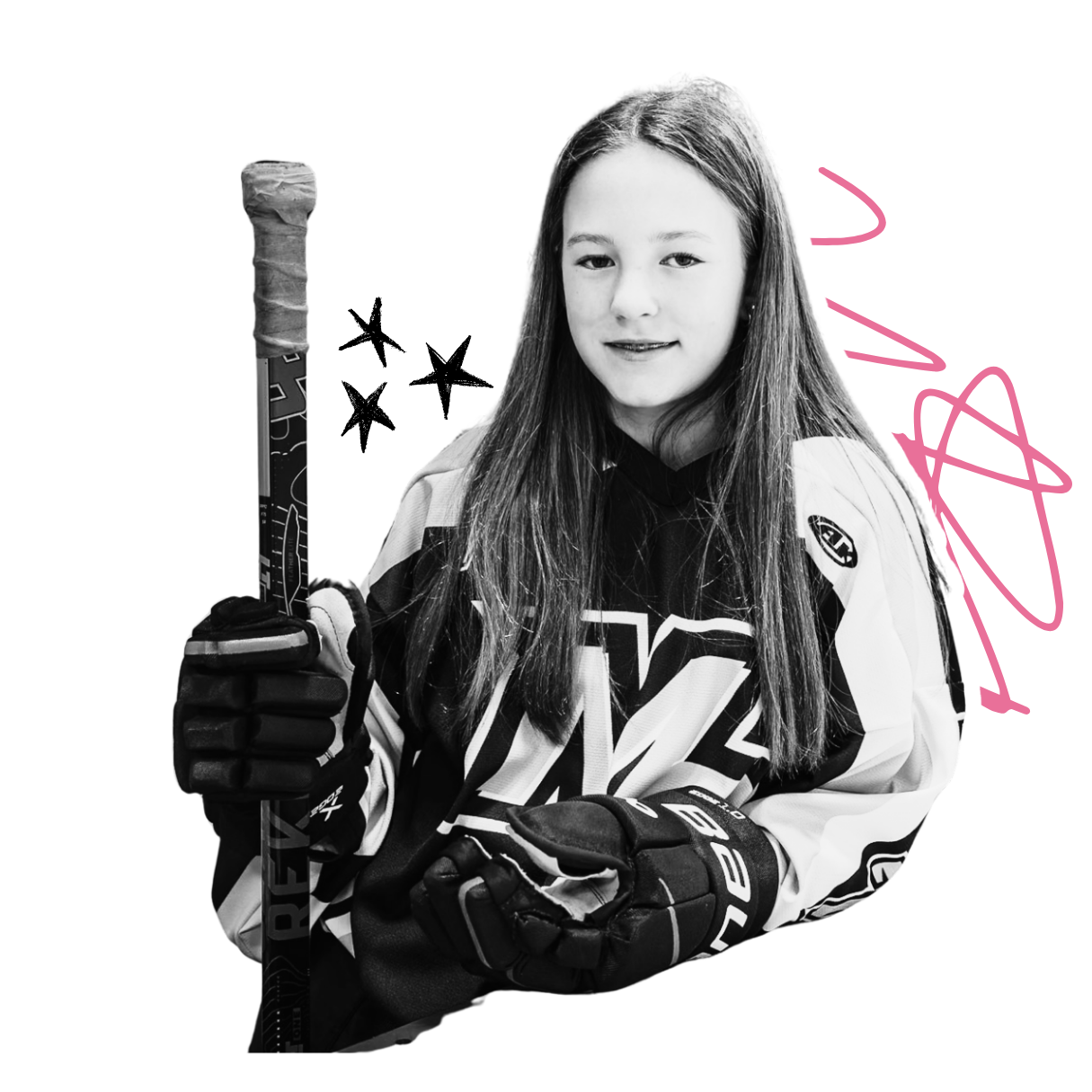 A young girl wearing a hockey jersey and gloves holding a hockey stick, standing against a divided black and white background with pink digital graphic elements.