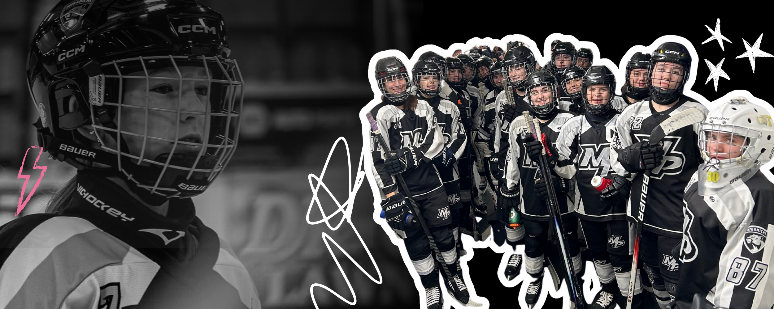 A group of young ice hockey players in black and white uniforms posing for a team photo, with one young player in white gear in the front, overlaid with doodle-style graphics and accents.