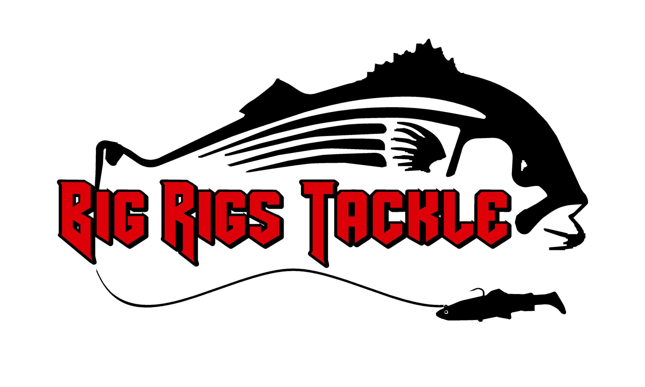 logo for Big Rigs Tackle featuring a large fish with a lure hanging from its mouth and bold red text reading 'Big Rigs Tackle'.