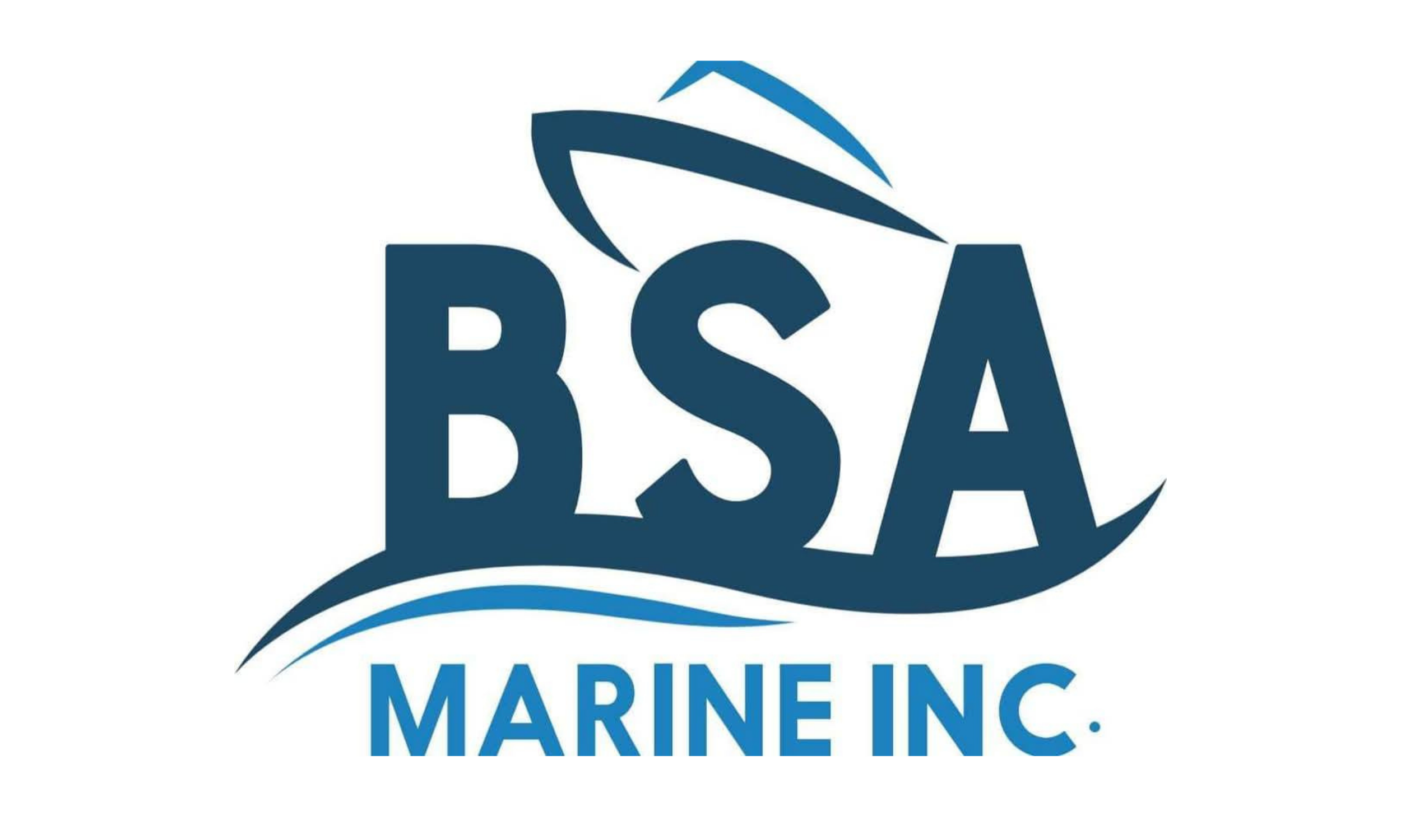 Logo of BSA Marine Inc. featuring large navy blue letters 'BSA' with a stylized boat above and blue waves below, and the words 'MARINE INC.' in blue at the bottom.