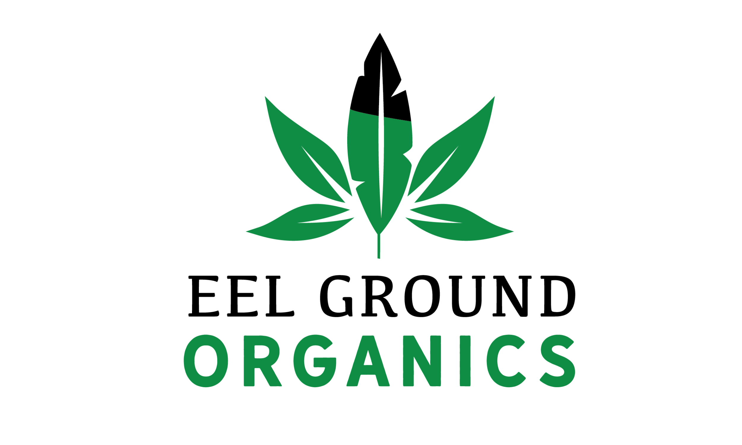 Logo for EEL Ground Organics featuring a stylized leaf and feather design in green and black with the text "EEL GROUND ORGANICS" below.