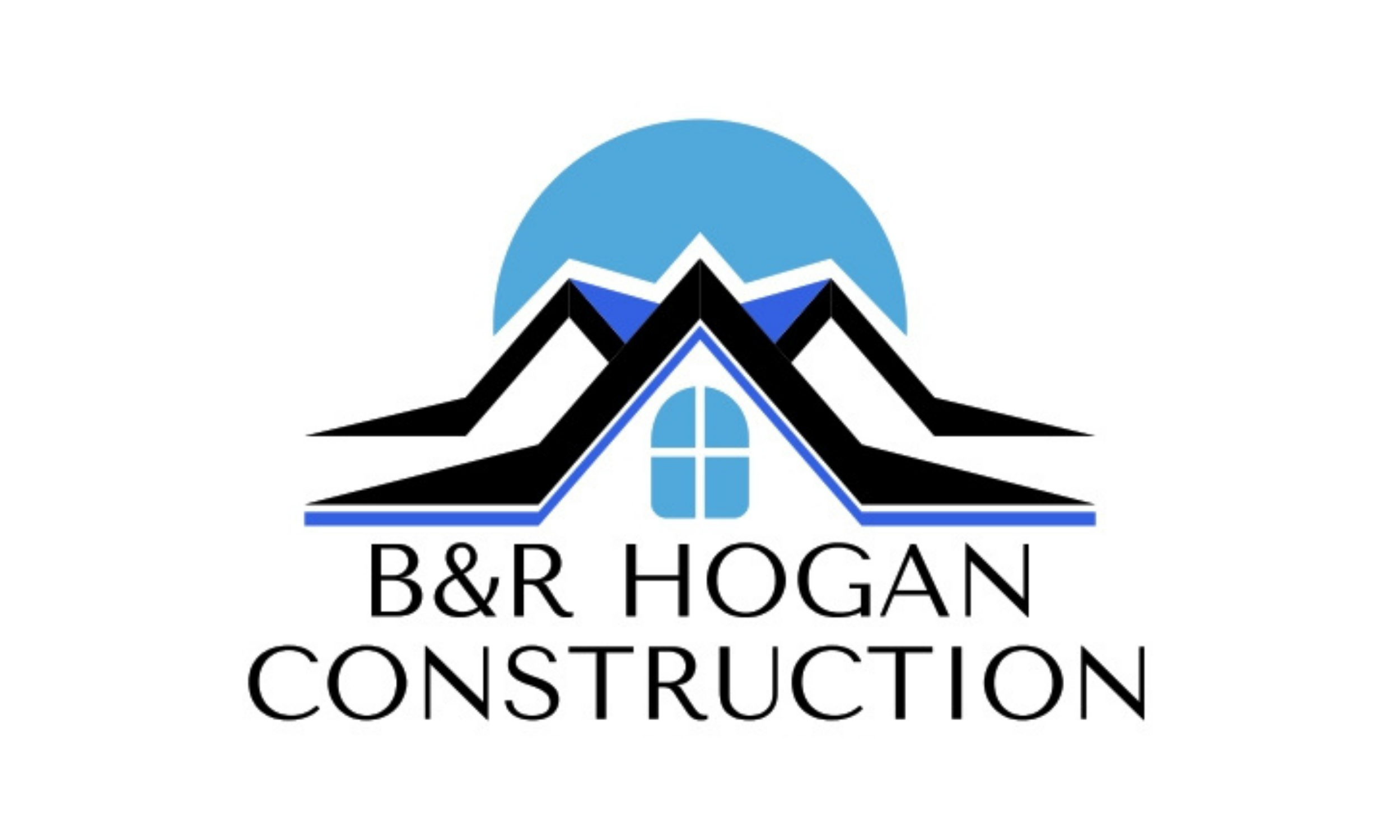Logo for B&R Hogan Construction featuring stylized mountains, a window, and a sun or moon with the company name below.