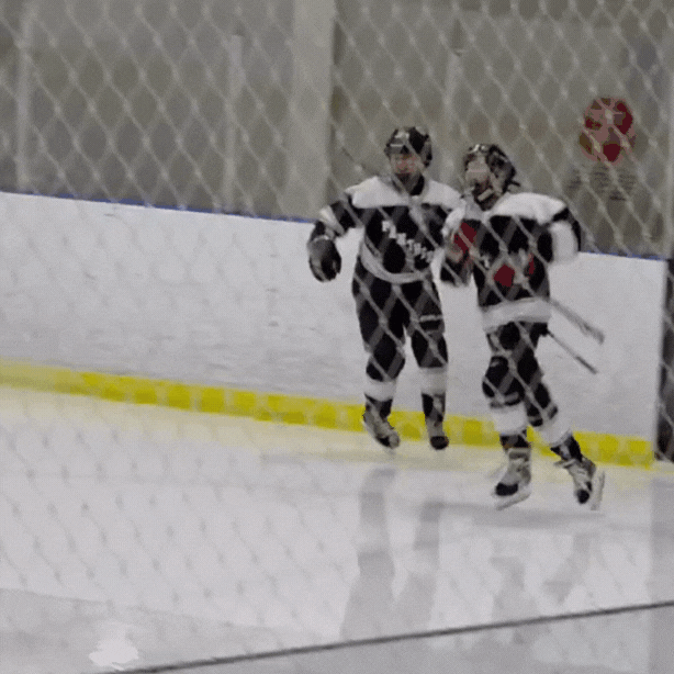 Two young hockey players in black and white uniforms skating on ice rink, holding sticks, behind safety netting.