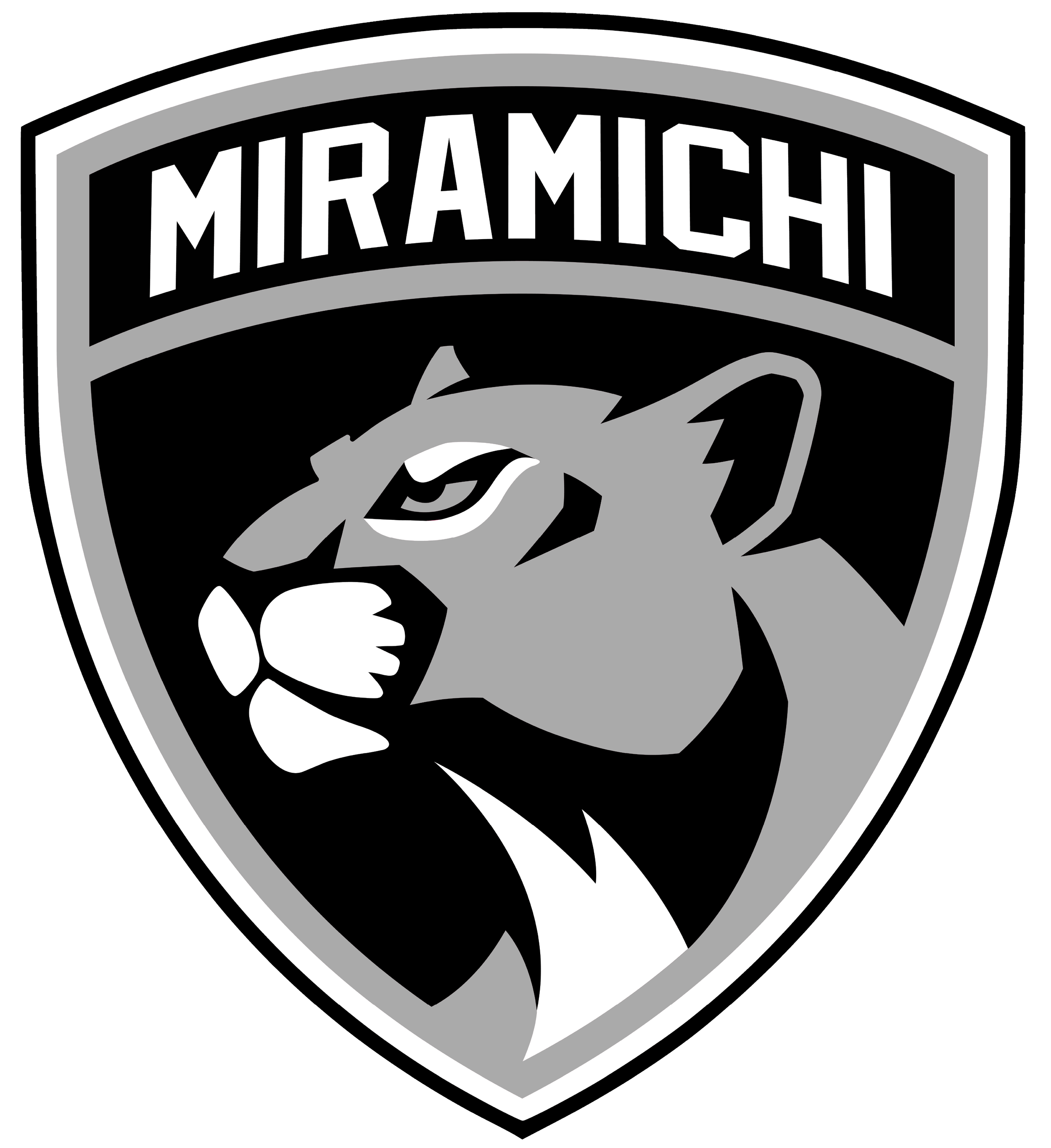 Black, white, and gray logo of a sports team with a fierce looking panther's head and the word 'MIRAMICH' at the top.