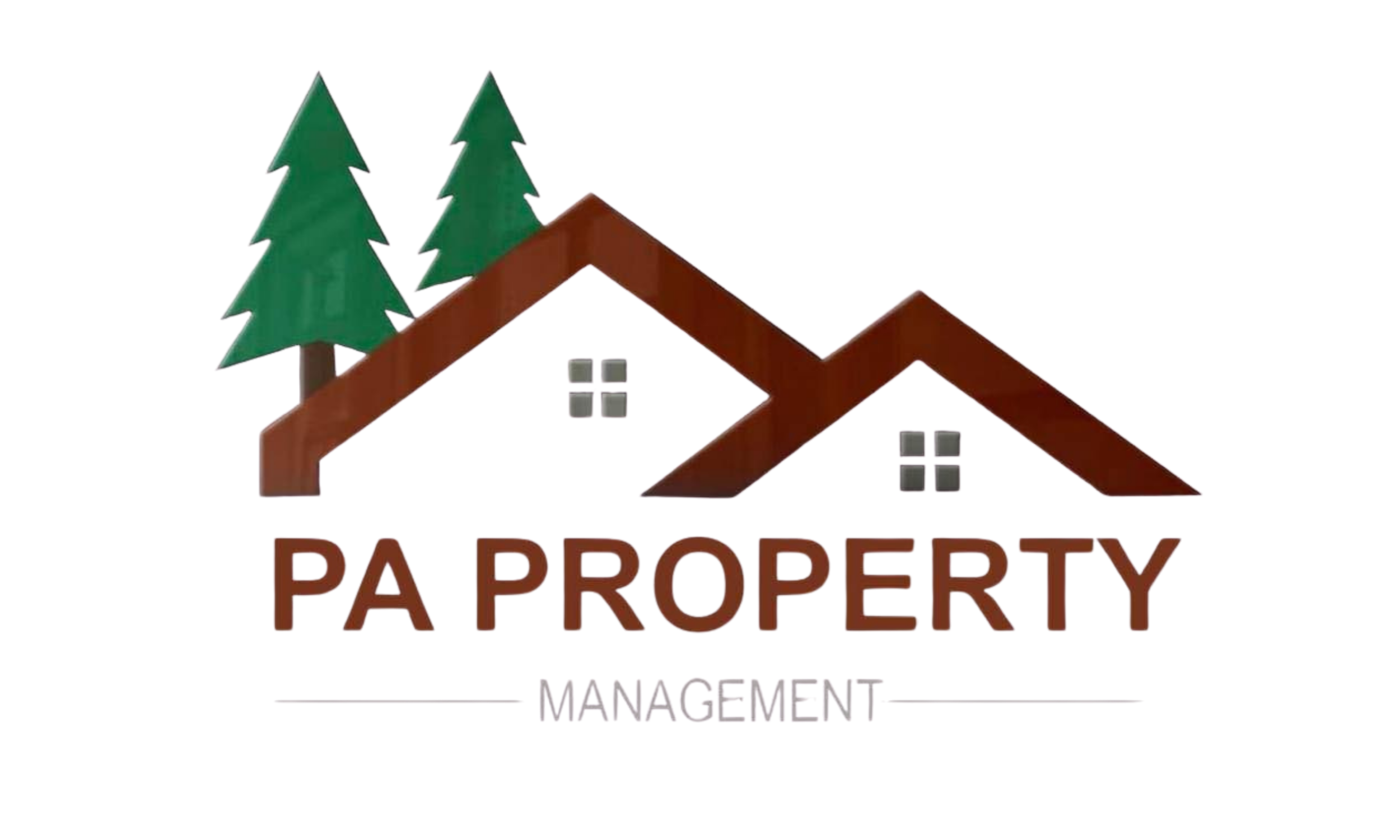 Logo for PA Property Management featuring two stylized brown rooftops, three evergreen trees, and the text 