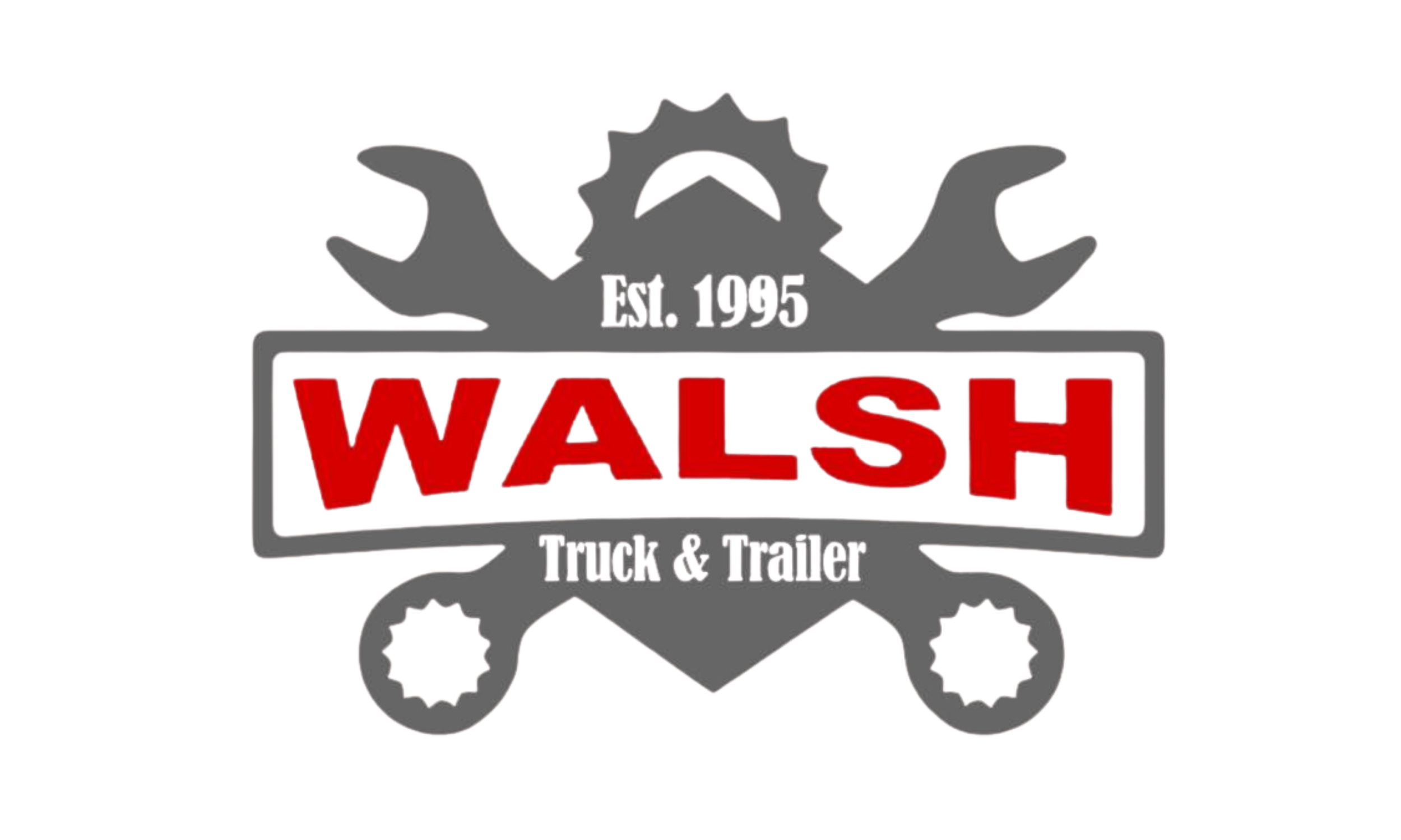 Logo for Walsh Truck & Trailer, established 1995, featuring a heart-shaped background with wrenches and gears, and the word WALSHi in red.