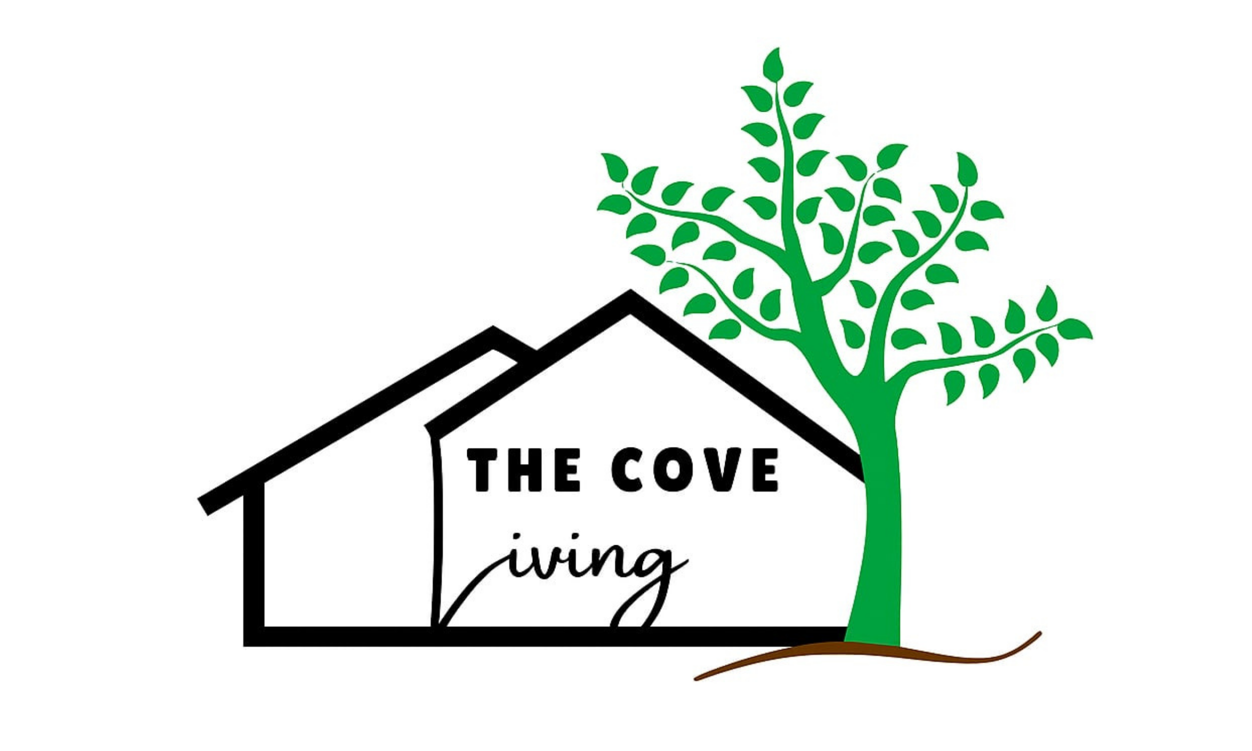 Logo of 'The Cove Living' featuring a black outline of a house with a green tree on the right side, and the text 'THE COVE living' inside the house outline.