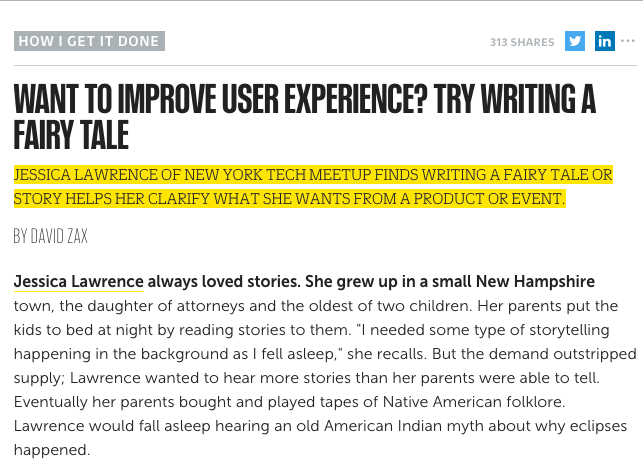 Screenshot of an article titled 'Want to Improve User Experience? Try Writing a Fairy Tale' with a highlighted section mentioning Jessica Lawrence Quinn's experience with storytelling.