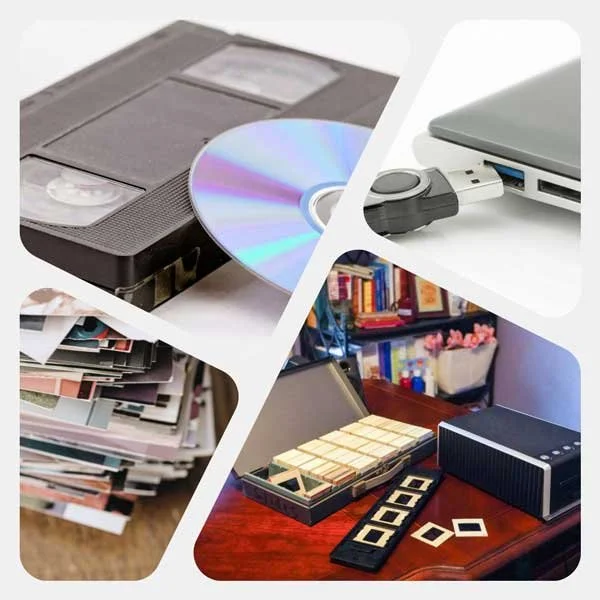 Vhs, Dvd, prints, thumb drives, hard drives, slides, negatives