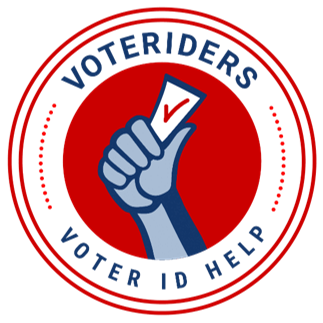 A circular emblem with a blue hand holding a voting ballot with a checkmark, surrounded by the words "Voteriders" and "Voter ID Help" in blue and red.