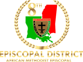 Coat of arms of the Eighth Episcopal District featuring an anvil, a shield in red, green and white, surrounded by a circular leaf border.