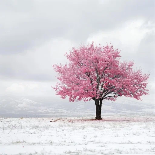 A pink flowering tree standing alone in a snow-covered landscape under a cloudy sky.