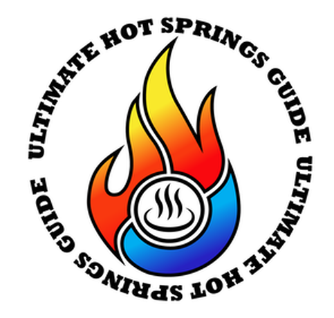 Logo for the Ultimate Hot Springs Guide featuring a stylized flame with blue, red, orange, and yellow colors surrounding a hot spring symbol with steam.
