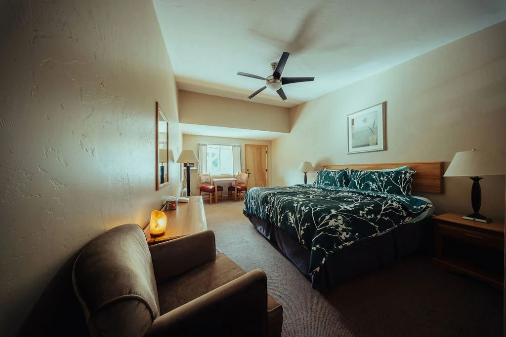 A hotel room with a king-sized bed in the center, dark green bedding with white floral patterns, two bedside tables with lamps, a window with curtains, a small seating area with two chairs and a table, and a ceiling fan.