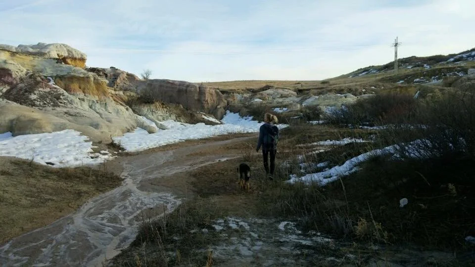 Person walking with a dog on a dirt trail in a snow-dusted, hilly, rocky landscape with dry bushes and sparse trees.