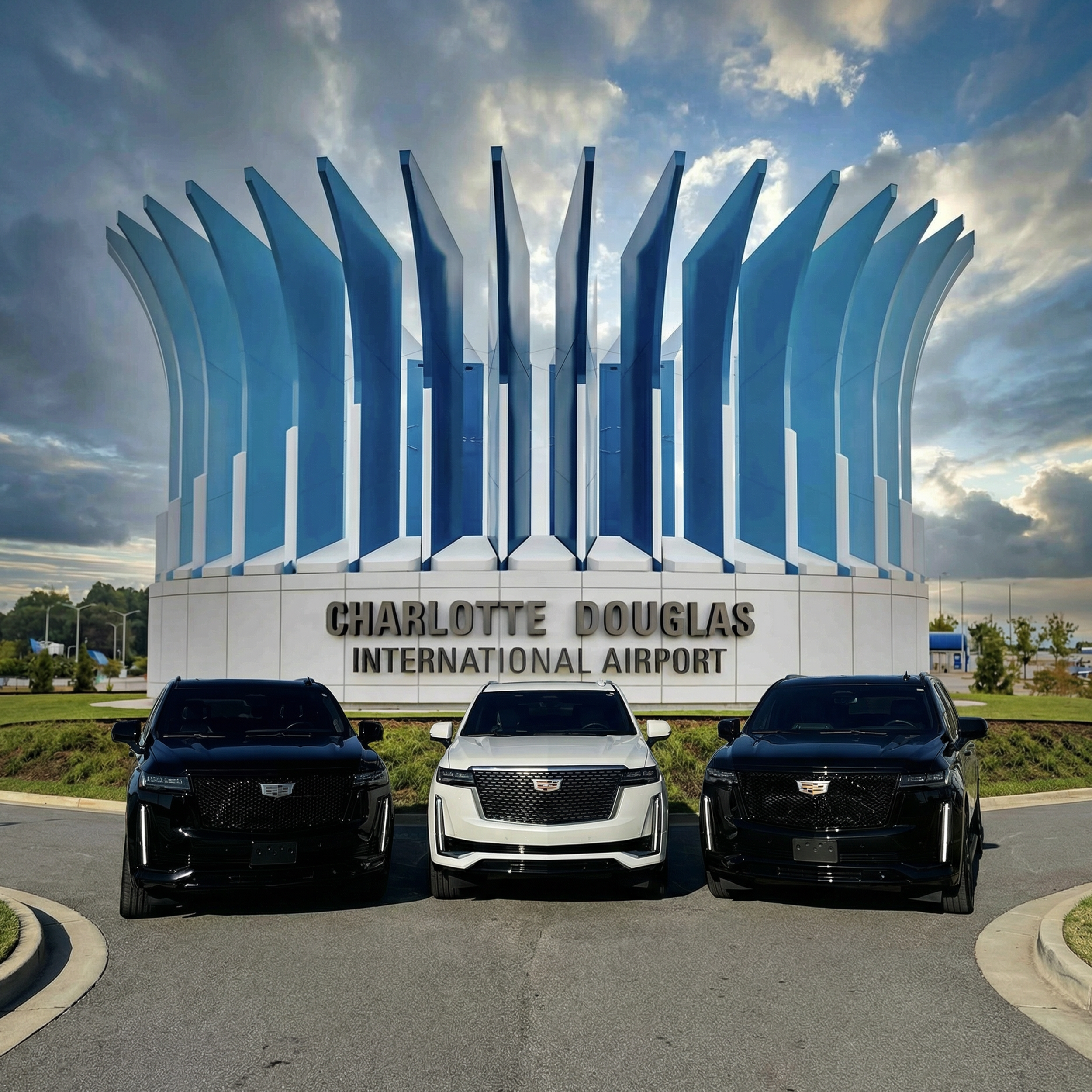 Luxury SUV fleet parked in front of the Charlotte Douglas International Airport sign
